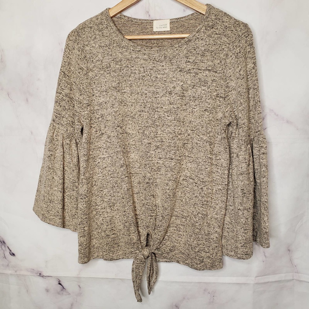 CAUTION TO THE WIND Flare Sleeve Tie Front Knit Blouse M